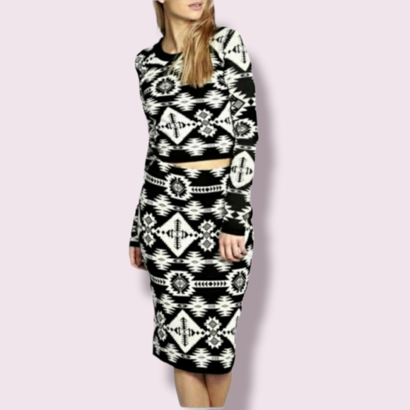 Lara Aztec Knitted Crop Top and Skirt Co-Ord Set - Picture 1 of 10